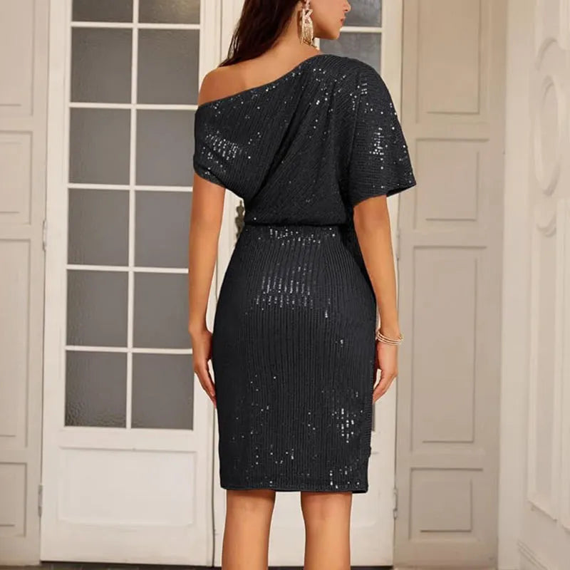 Women's Sequin One Shoulder Mini Cocktail Dress with Ruched