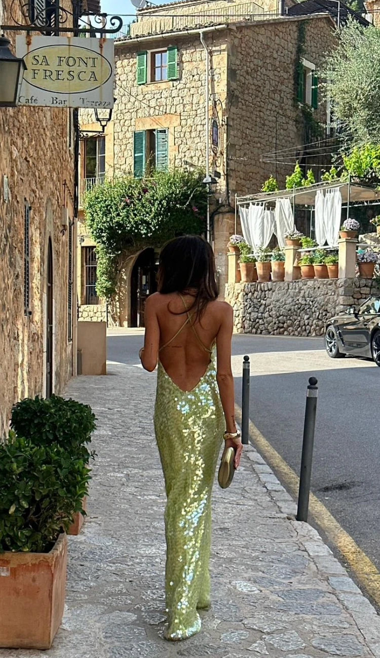 Women's Sequin Scoop Neck Maxi Cocktail Dress with Open Back