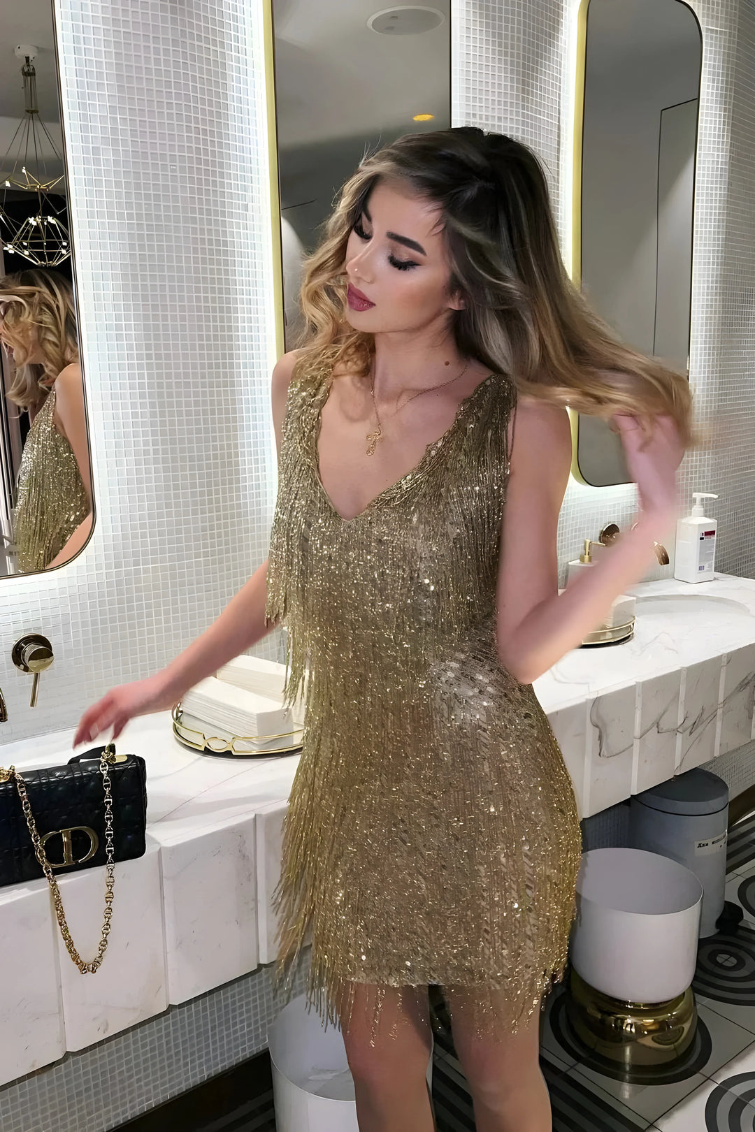 Women's Sequin Sleeveless Mini Cocktail Dress with V-Neck