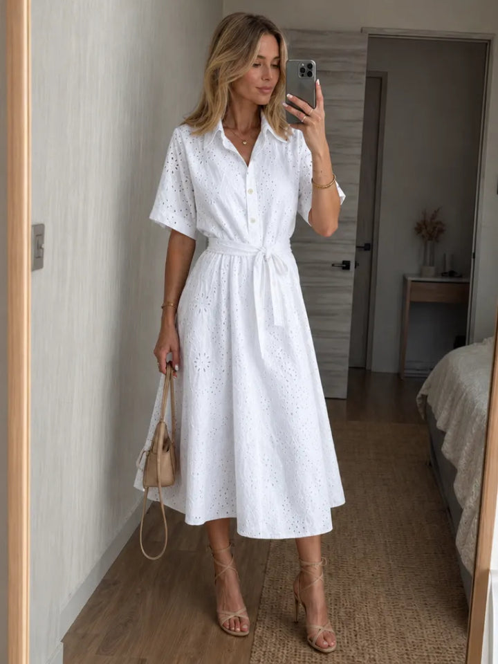 Women's Short Sleeve Elegant Midi Wedding Guest Dress with Collared Neckline