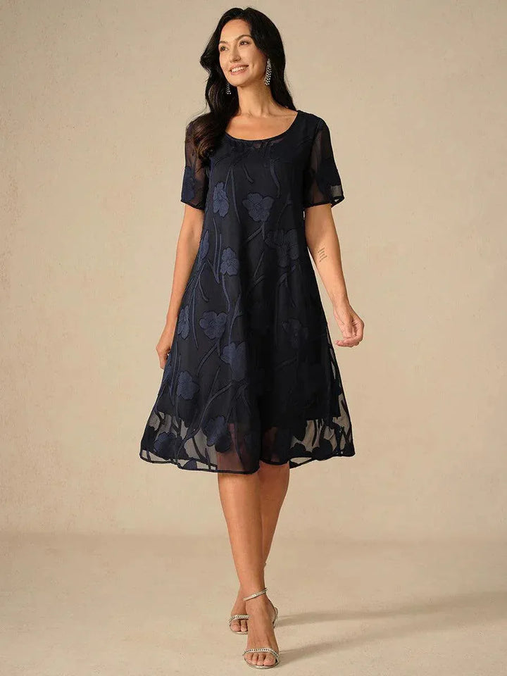 Women's Short Sleeve Floral Midi Wedding Guest Dress with Scoop Neck