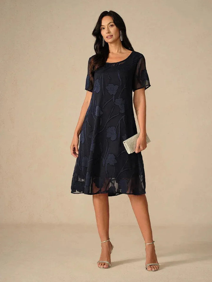 Women's Short Sleeve Floral Midi Wedding Guest Dress with Scoop Neck