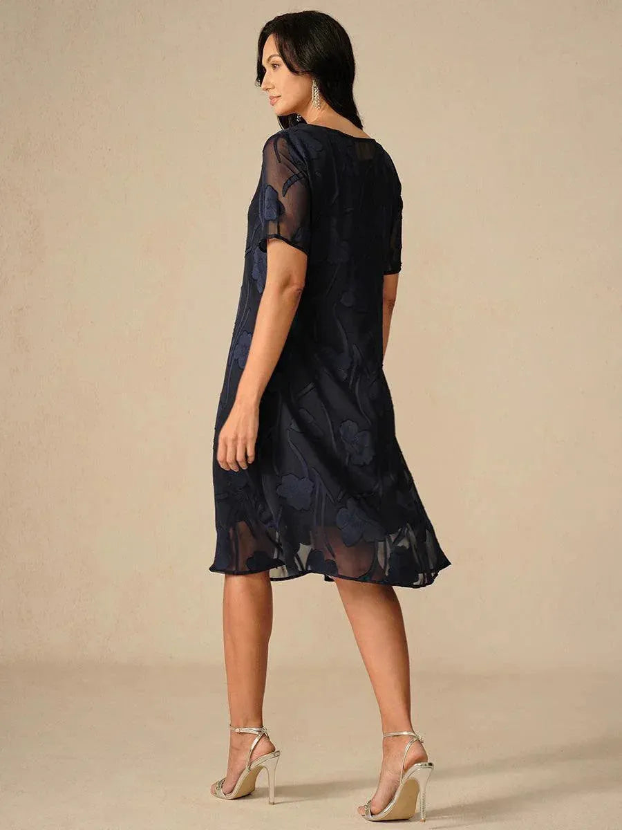 Women's Short Sleeve Floral Midi Wedding Guest Dress with Scoop Neck