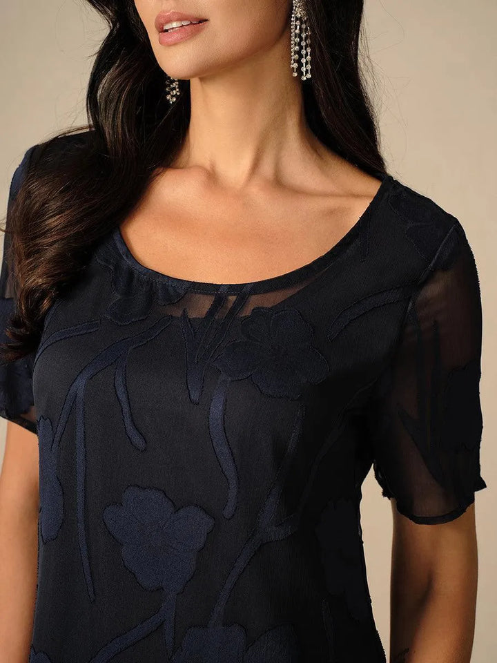 Women's Short Sleeve Floral Midi Wedding Guest Dress with Scoop Neck