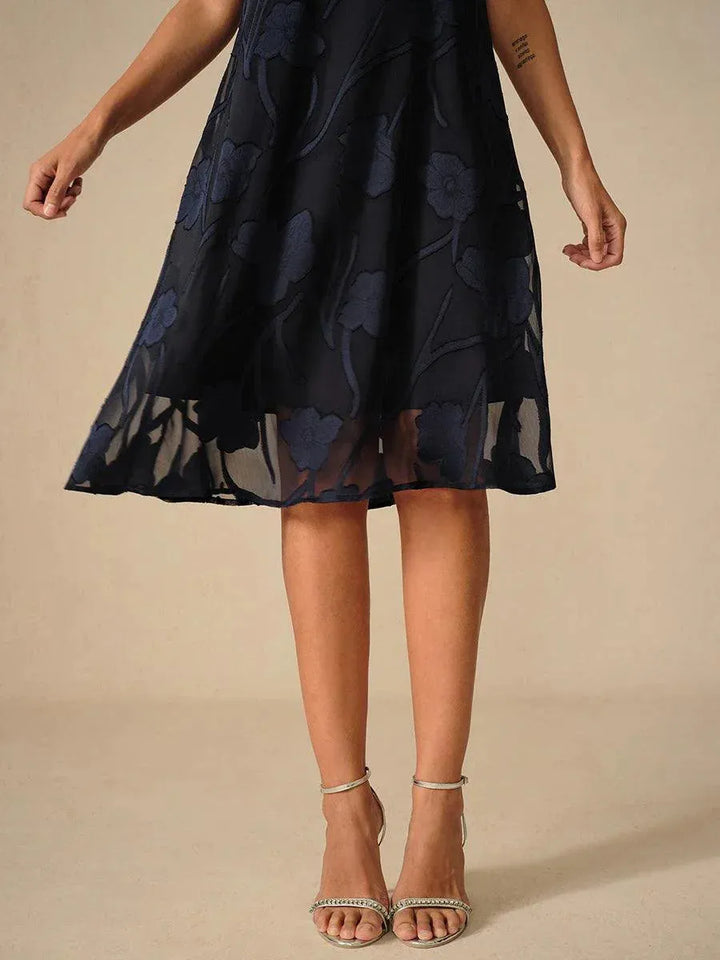 Women's Short Sleeve Floral Midi Wedding Guest Dress with Scoop Neck