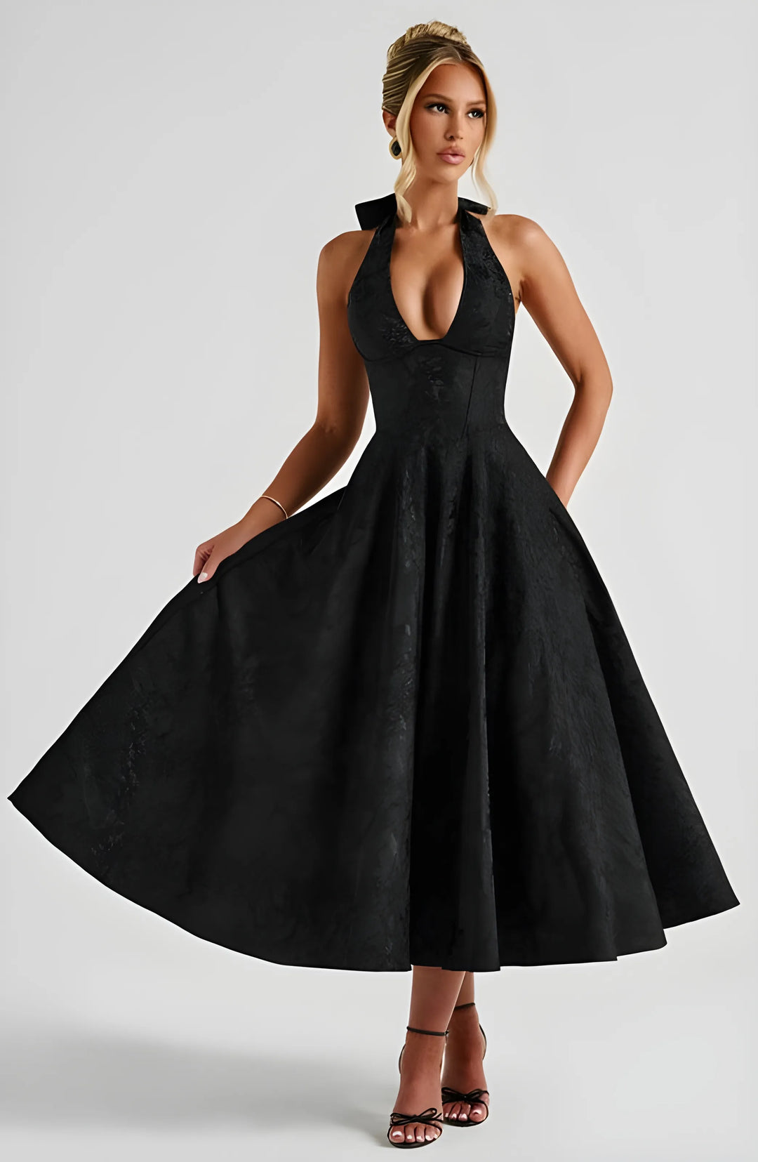 Women's Sleeveless A-Line Midi Cocktail Dress with V-Neck