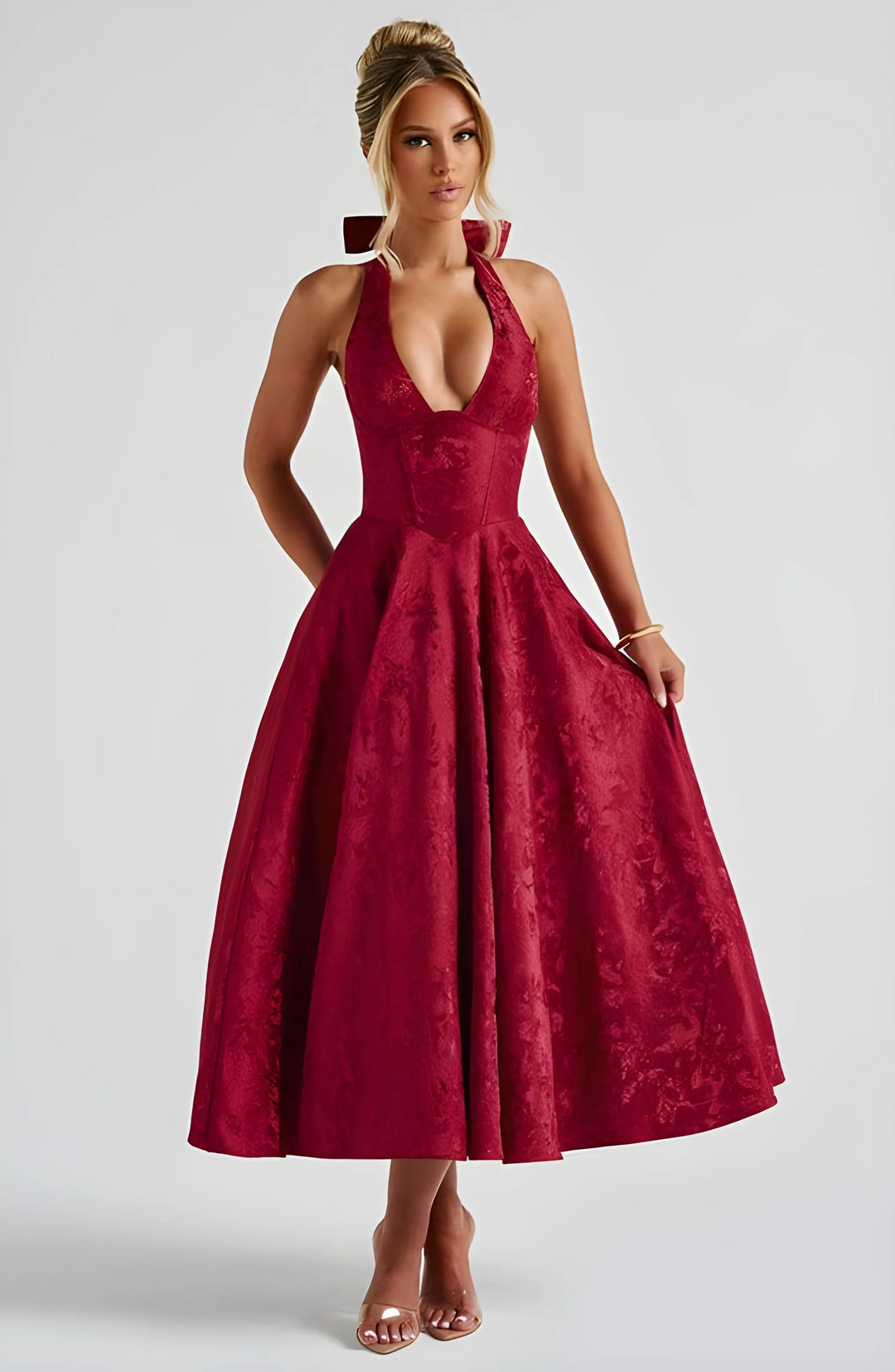 Women's Sleeveless A-Line Midi Cocktail Dress with V-Neck