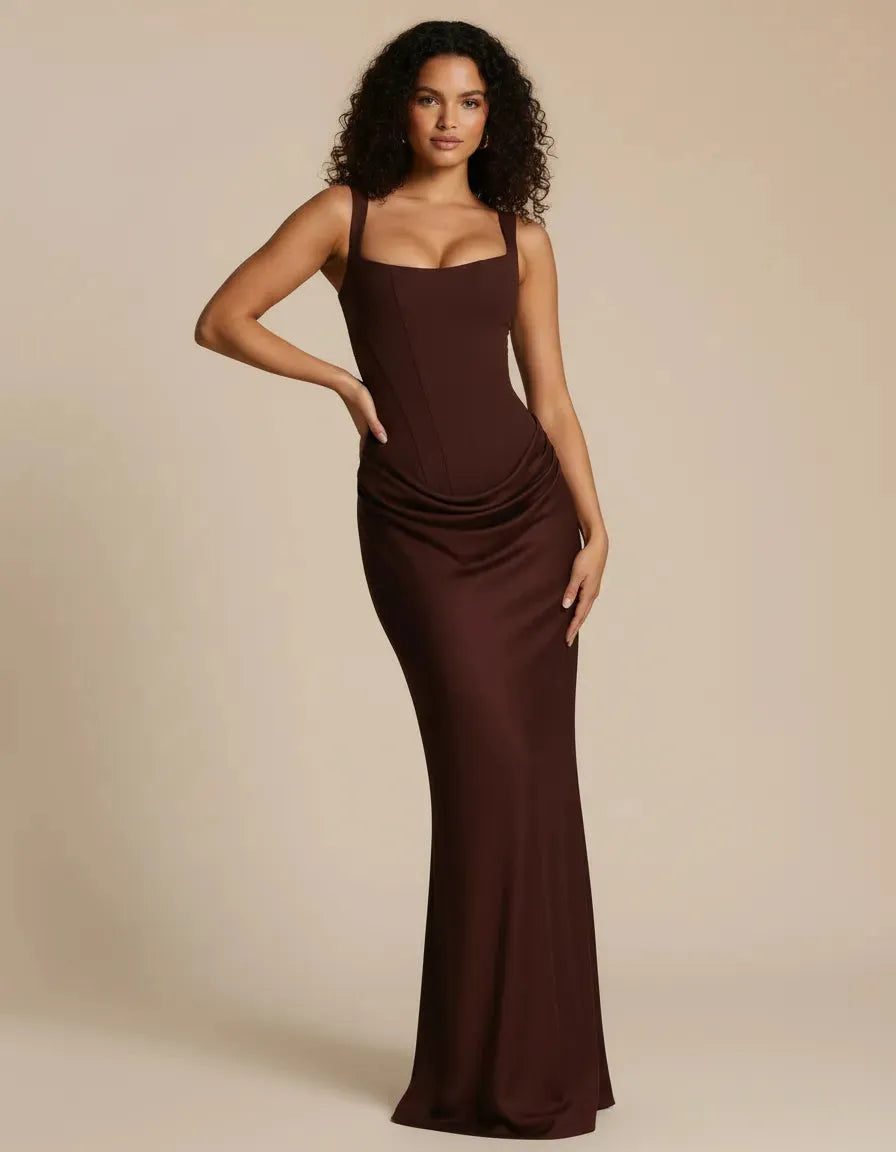 Women's Sleeveless Elegant Maxi Wedding Guest Dress with Square Neck