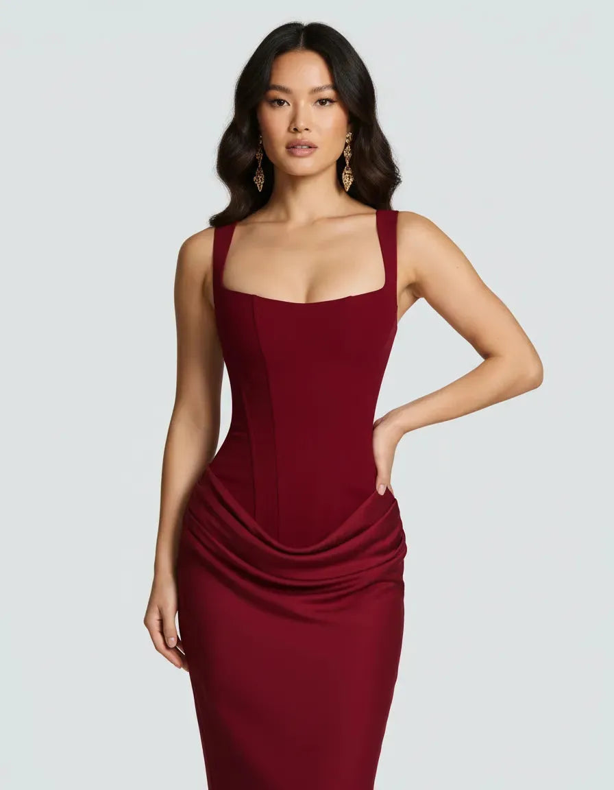 Women's Sleeveless Elegant Maxi Wedding Guest Dress with Square Neck