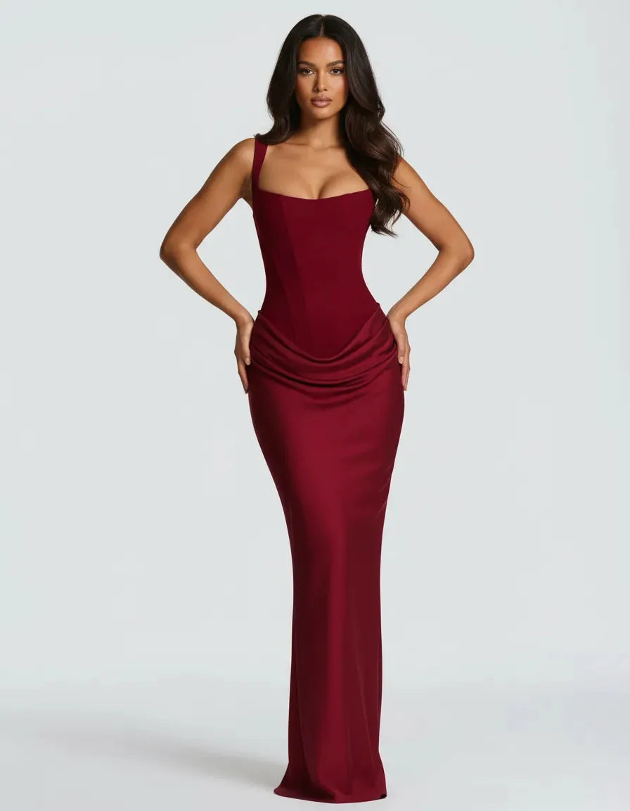 Women's Sleeveless Elegant Maxi Wedding Guest Dress with Square Neck