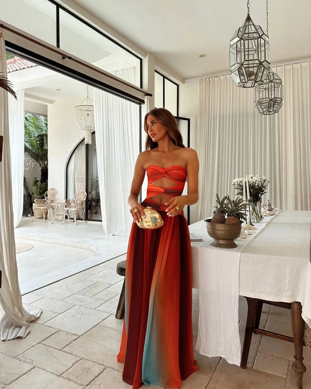Women's Strapless A-line Maxi Wedding Guest Dress with Cut-Out Detail