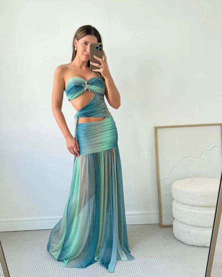 Women's Strapless A-line Maxi Wedding Guest Dress with Cut-Out Detail