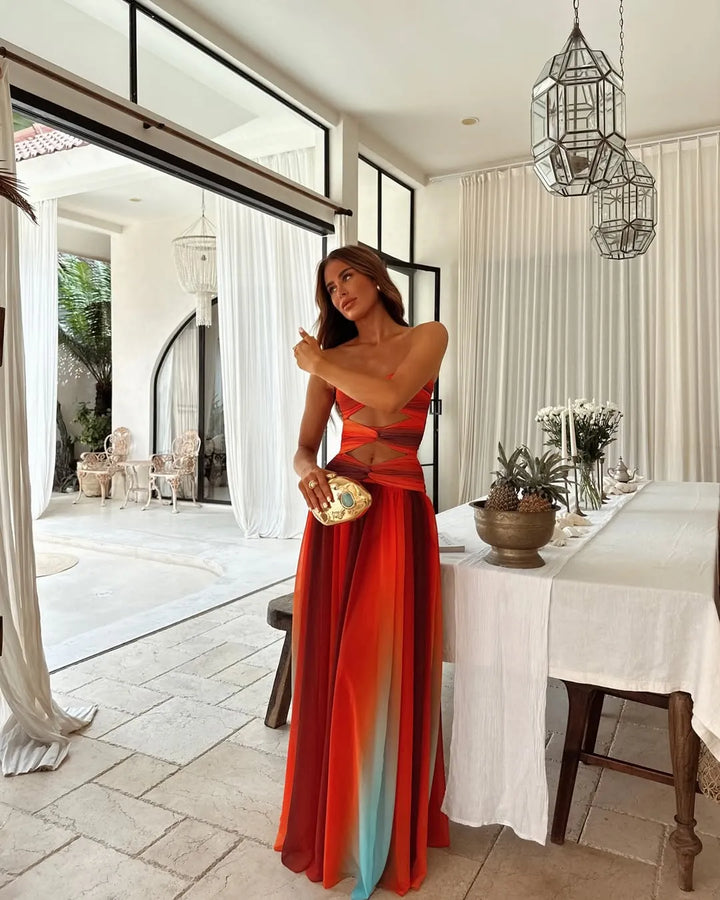 Women's Strapless A-line Maxi Wedding Guest Dress with Cut-Out Detail