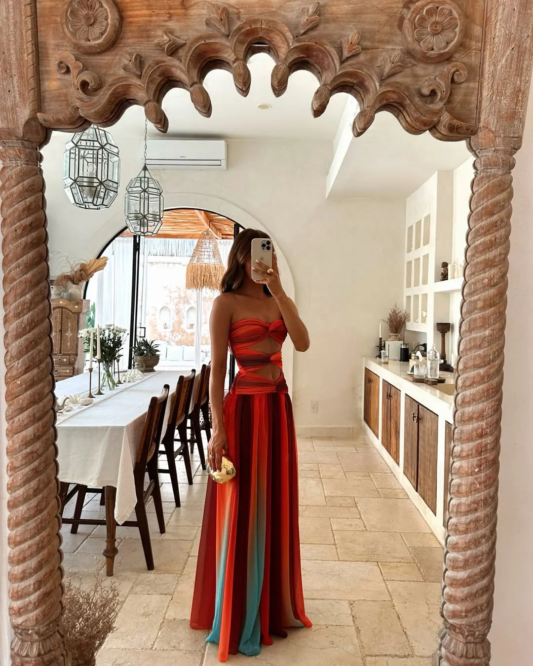 Women's Strapless A-line Maxi Wedding Guest Dress with Cut-Out Detail