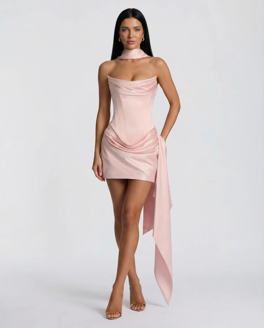 Women's Strapless Bodycon Mini Cocktail Dress with Draped Detail