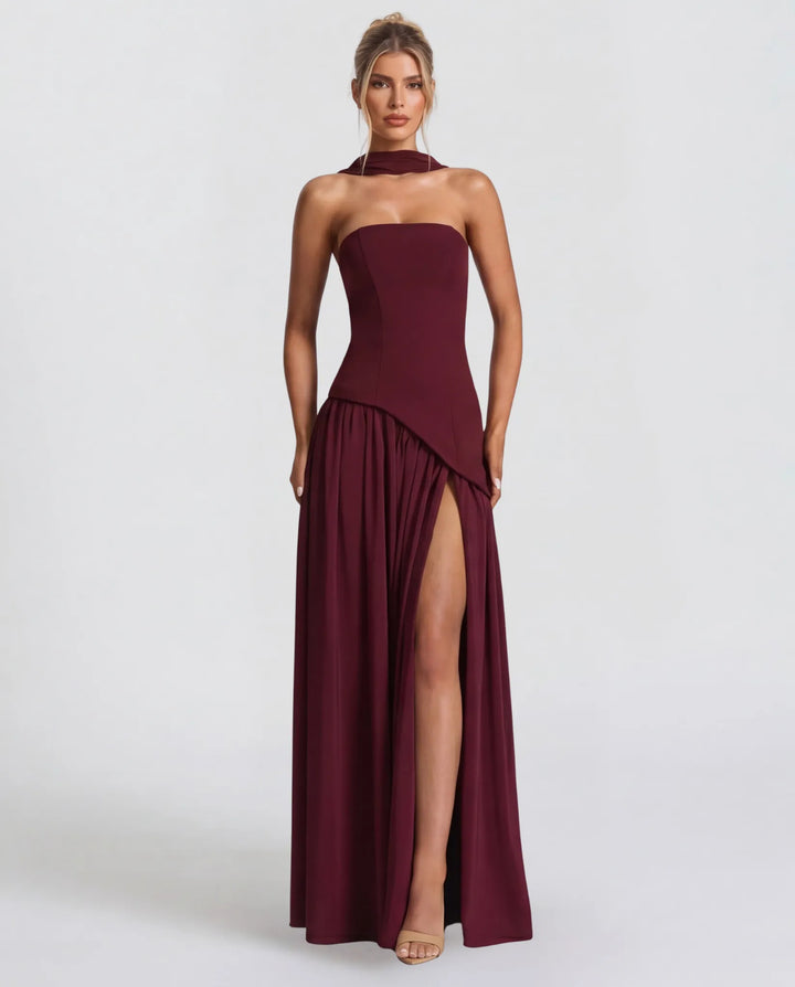 Women's Strapless Flowy Maxi Wedding Guest Dress with Slit