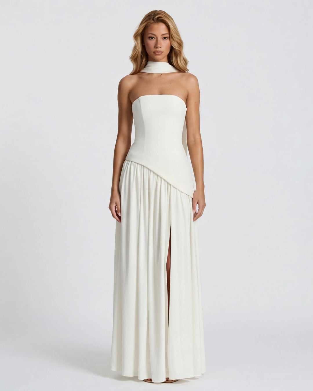 Women's Strapless Flowy Maxi Wedding Guest Dress with Slit