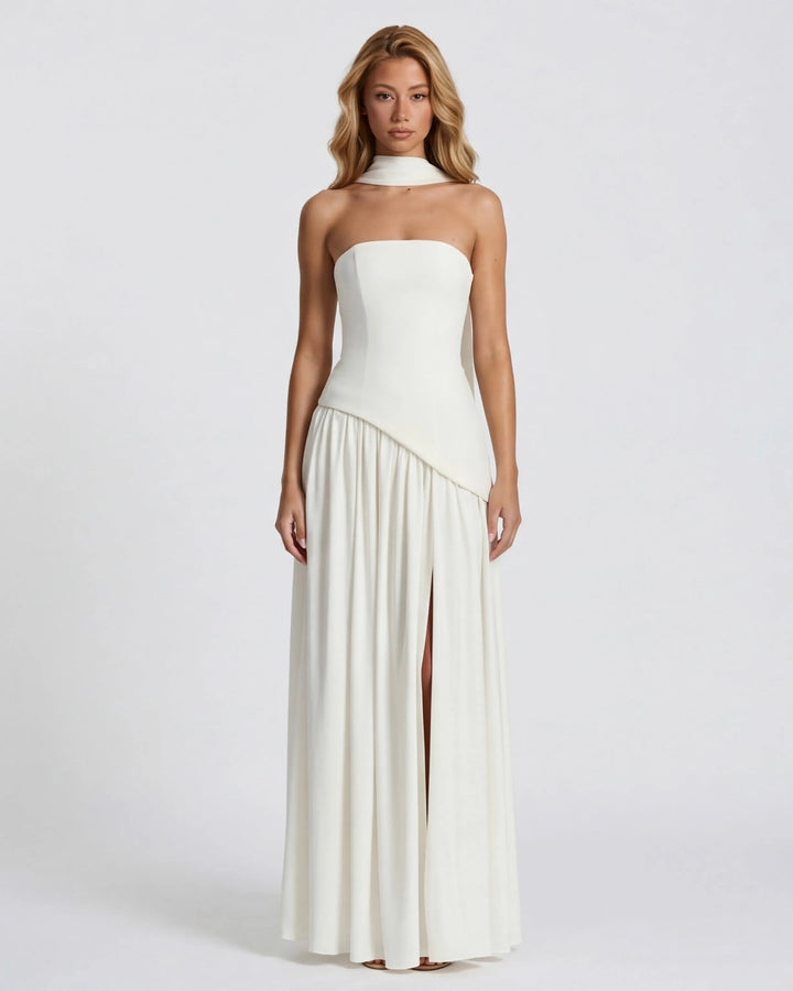 Women's Strapless Flowy Maxi Wedding Guest Dress with Slit