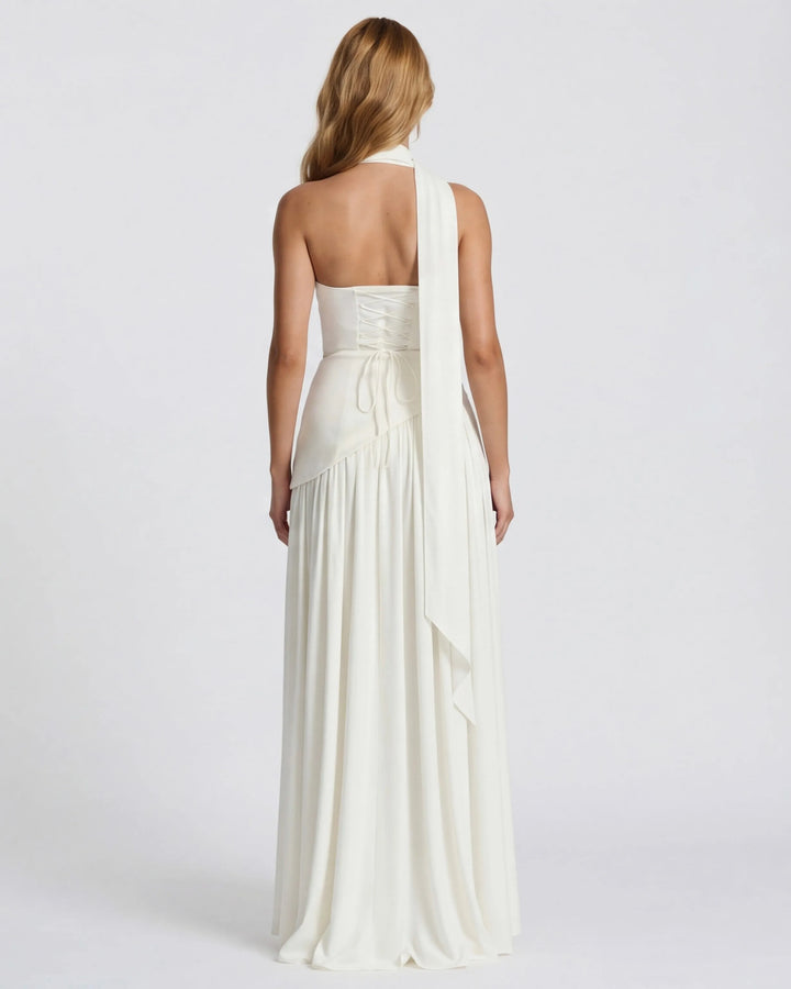 Women's Strapless Flowy Maxi Wedding Guest Dress with Slit