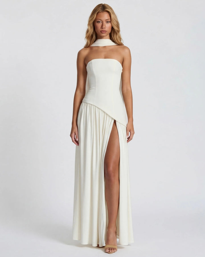 Women's Strapless Flowy Maxi Wedding Guest Dress with Slit