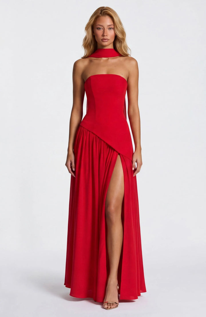 Women's Strapless Flowy Maxi Wedding Guest Dress with Slit