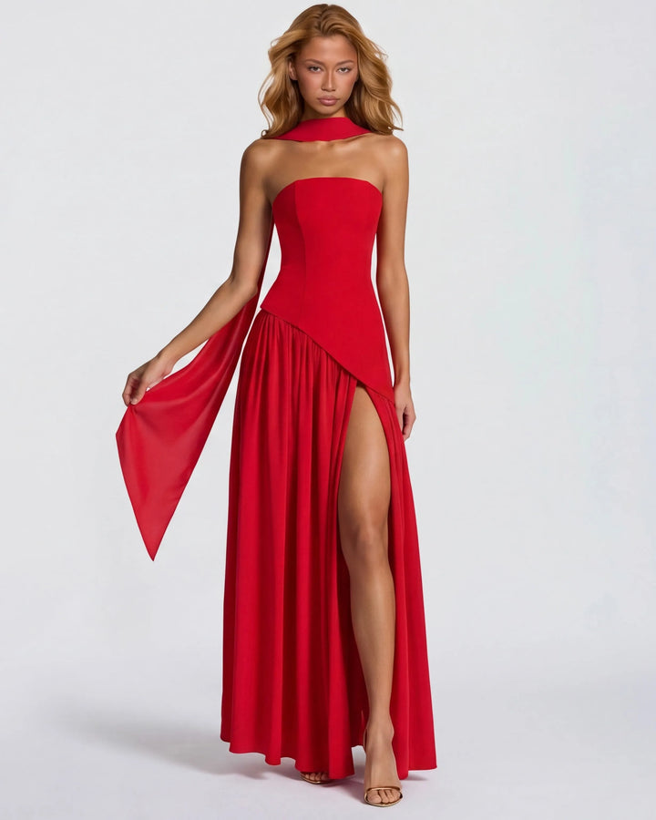Women's Strapless Flowy Maxi Wedding Guest Dress with Slit