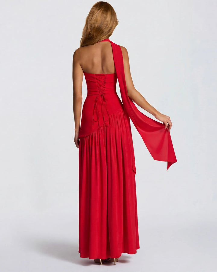 Women's Strapless Flowy Maxi Wedding Guest Dress with Slit