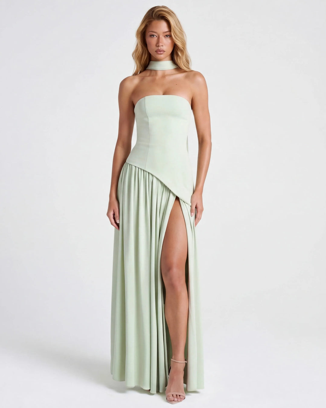 Women's Strapless Flowy Maxi Wedding Guest Dress with Slit