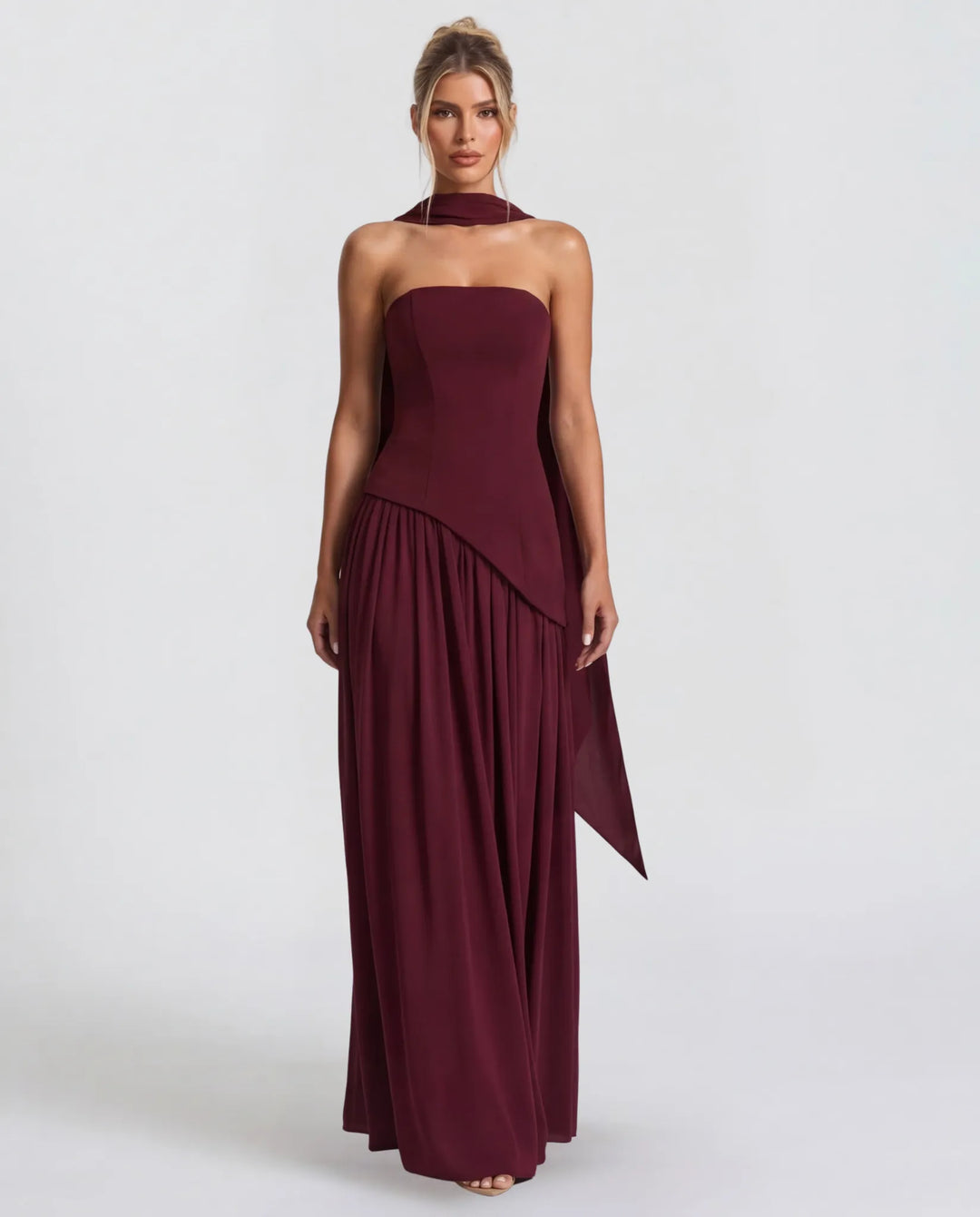 Women's Strapless Flowy Maxi Wedding Guest Dress with Slit