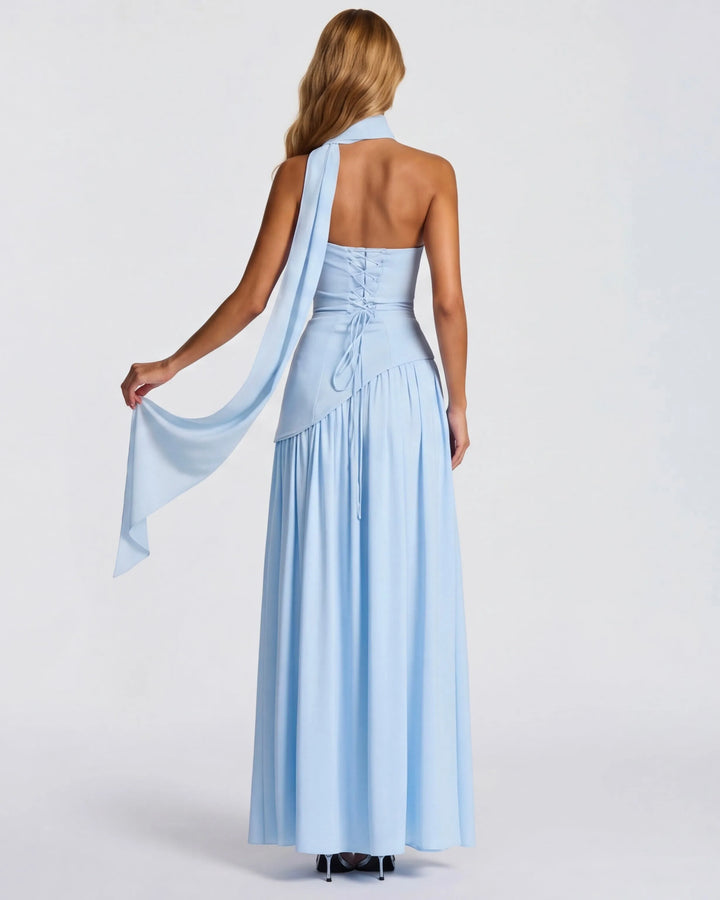 Women's Strapless Flowy Maxi Wedding Guest Dress with Slit