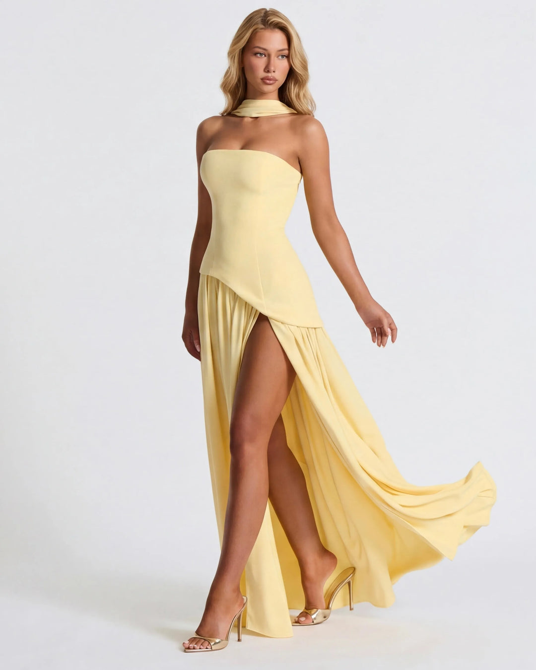 Women's Strapless Flowy Maxi Wedding Guest Dress with Slit