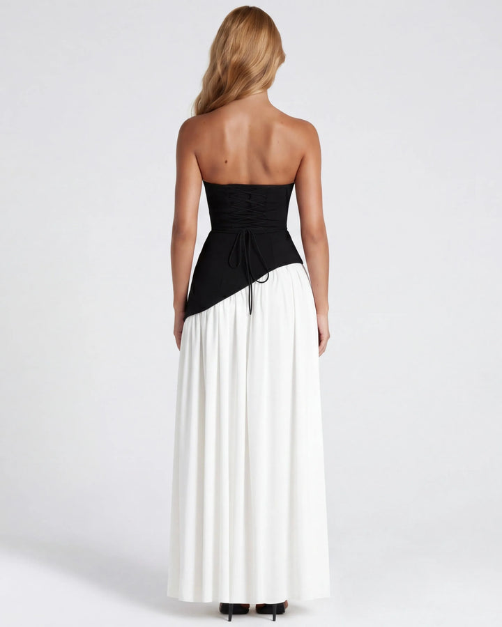 Women's Strapless Flowy Maxi Wedding Guest Dress with Slit