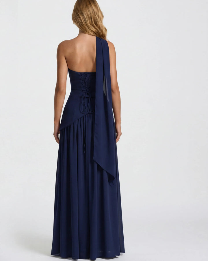 Women's Strapless Flowy Maxi Wedding Guest Dress with Slit