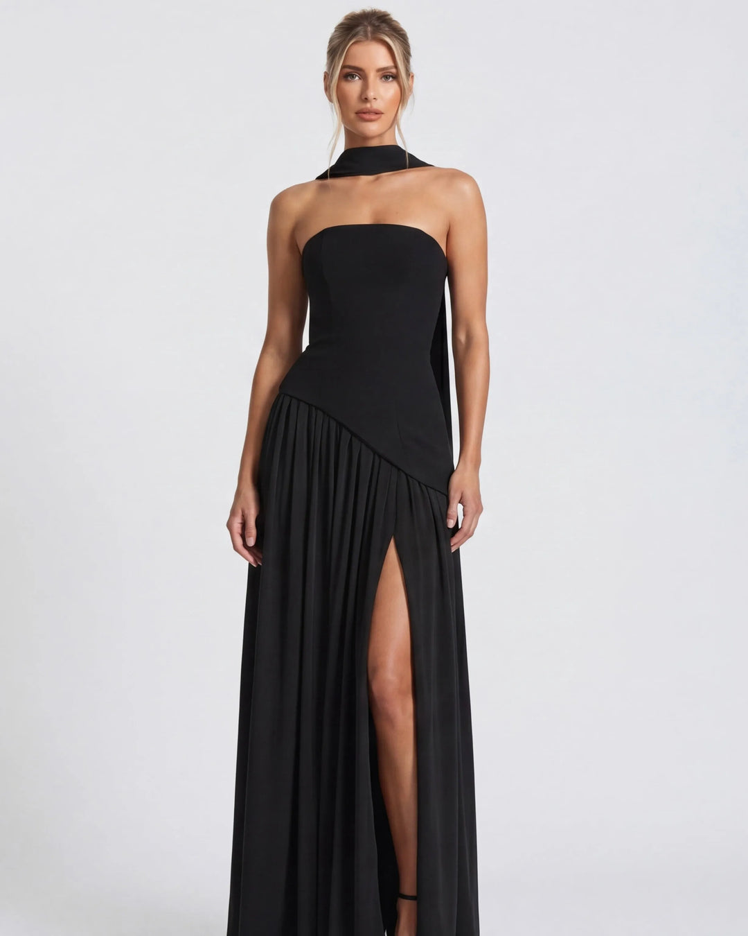 Women's Strapless Flowy Maxi Wedding Guest Dress with Slit