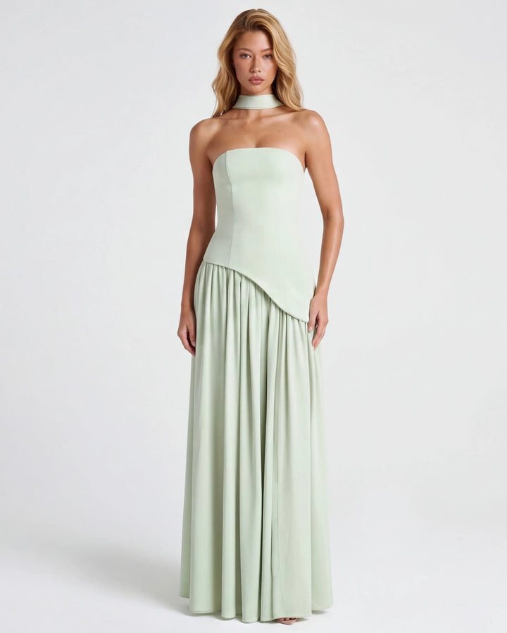 Women's Strapless Flowy Maxi Wedding Guest Dress with Slit