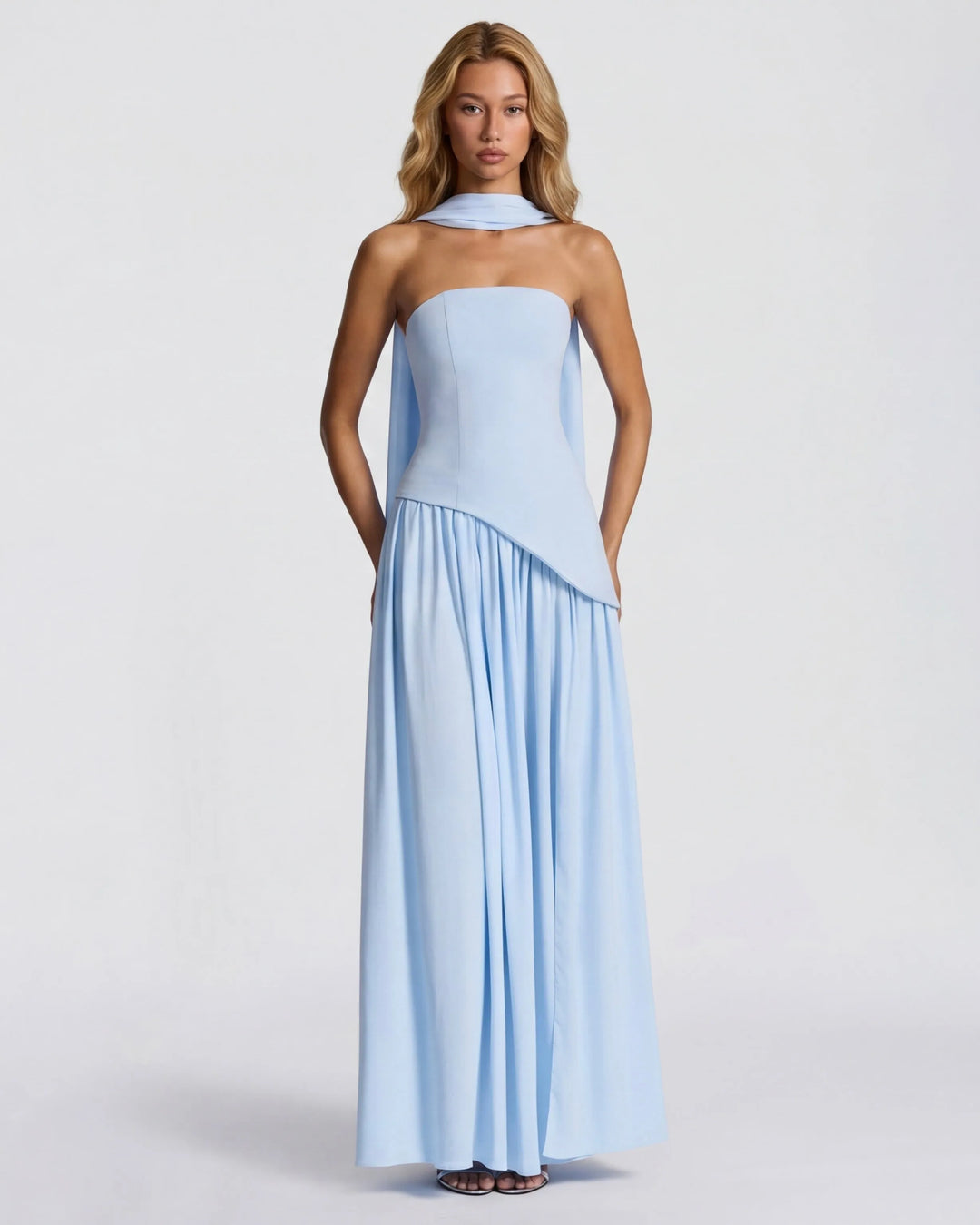Women's Strapless Flowy Maxi Wedding Guest Dress with Slit