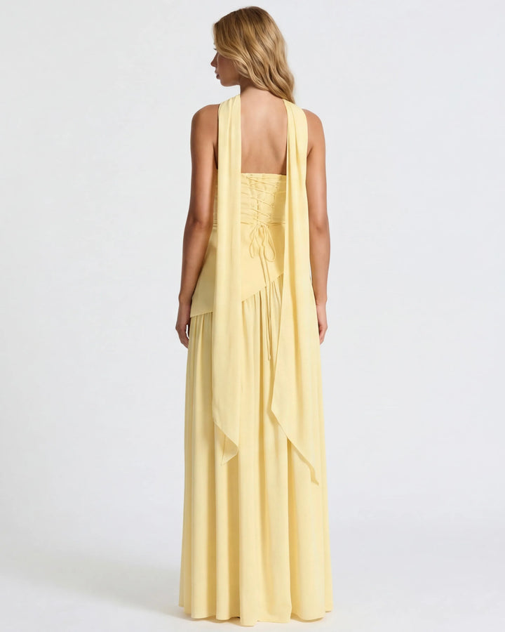 Women's Strapless Flowy Maxi Wedding Guest Dress with Slit