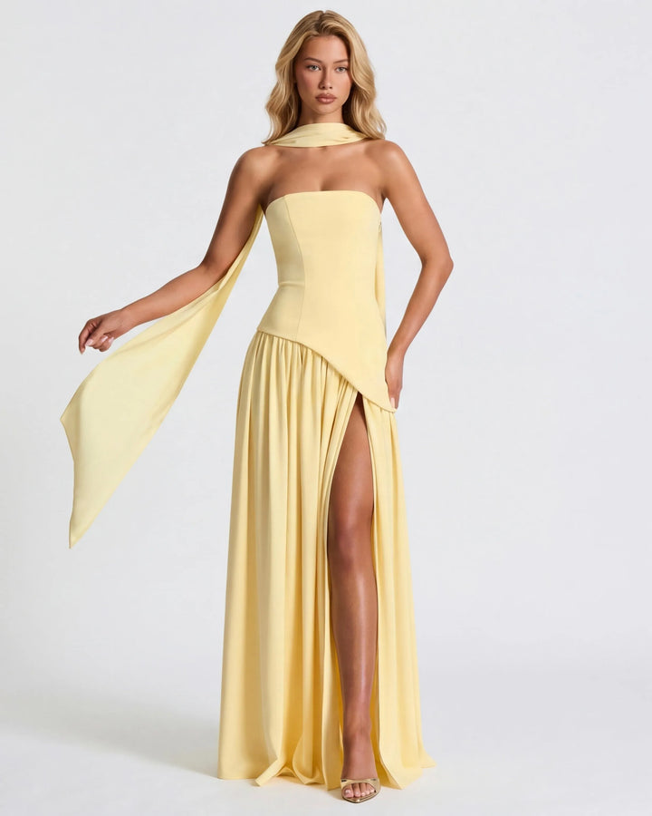 Women's Strapless Flowy Maxi Wedding Guest Dress with Slit