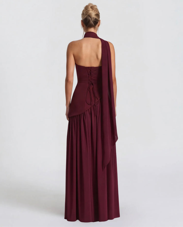 Women's Strapless Flowy Maxi Wedding Guest Dress with Slit