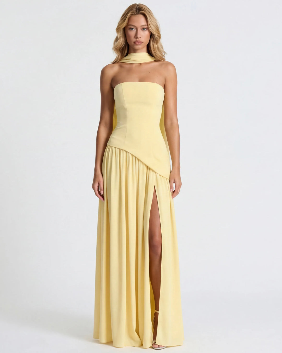 Women's Strapless Flowy Maxi Wedding Guest Dress with Slit