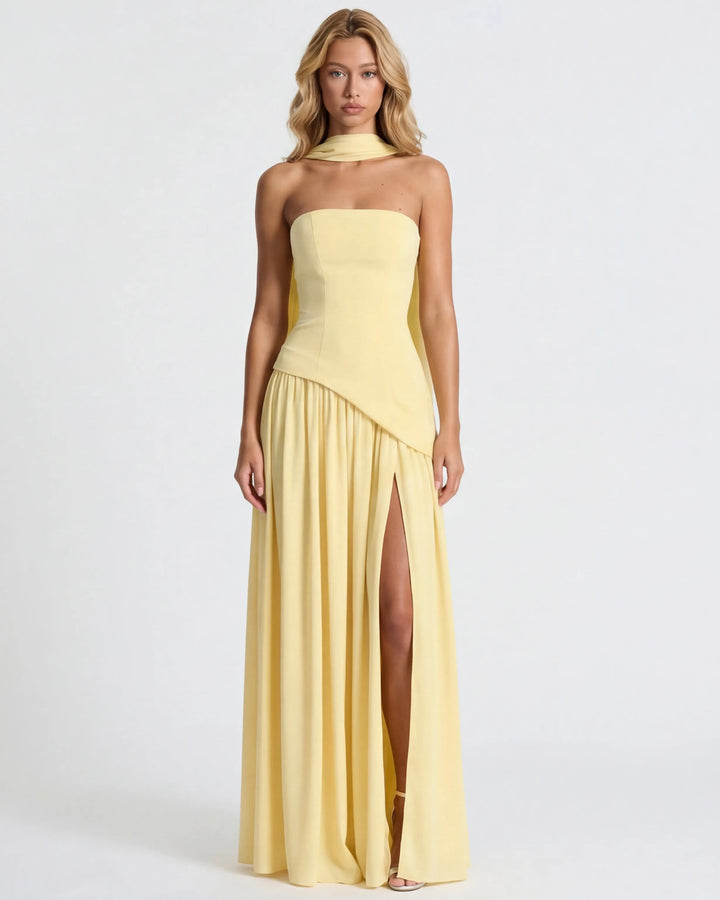 Women's Strapless Flowy Maxi Wedding Guest Dress with Slit
