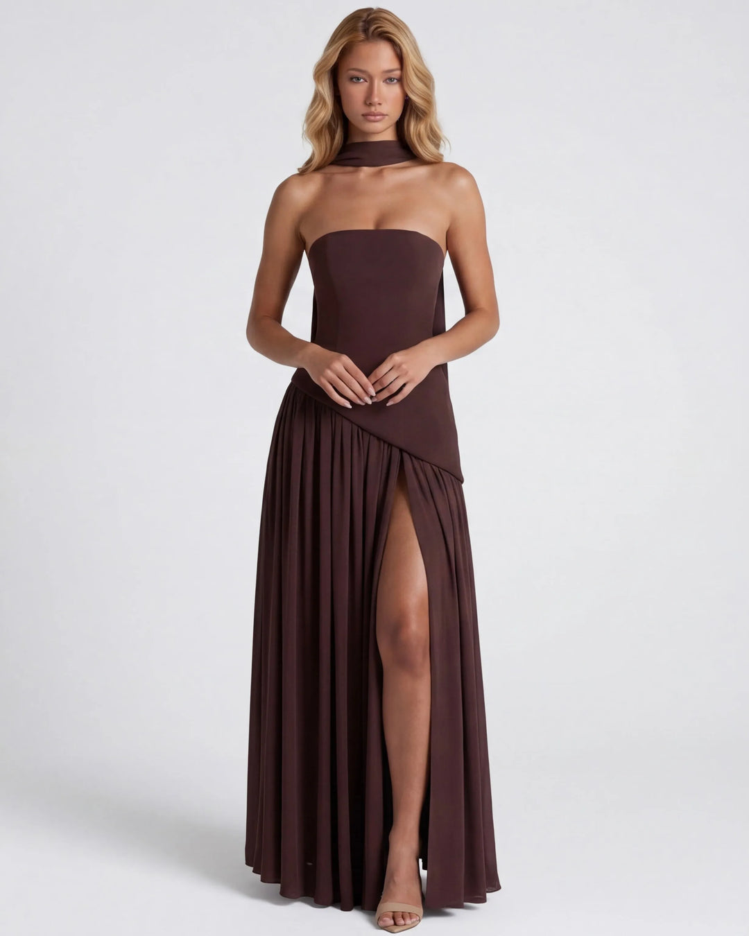 Women's Strapless Flowy Maxi Wedding Guest Dress with Slit