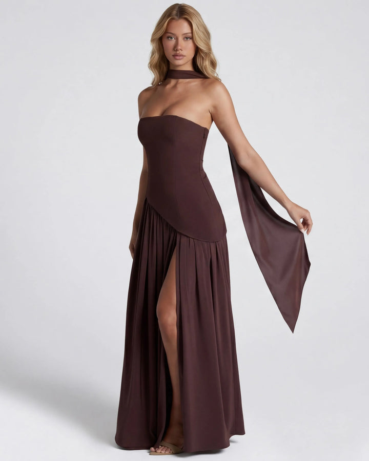 Women's Strapless Flowy Maxi Wedding Guest Dress with Slit