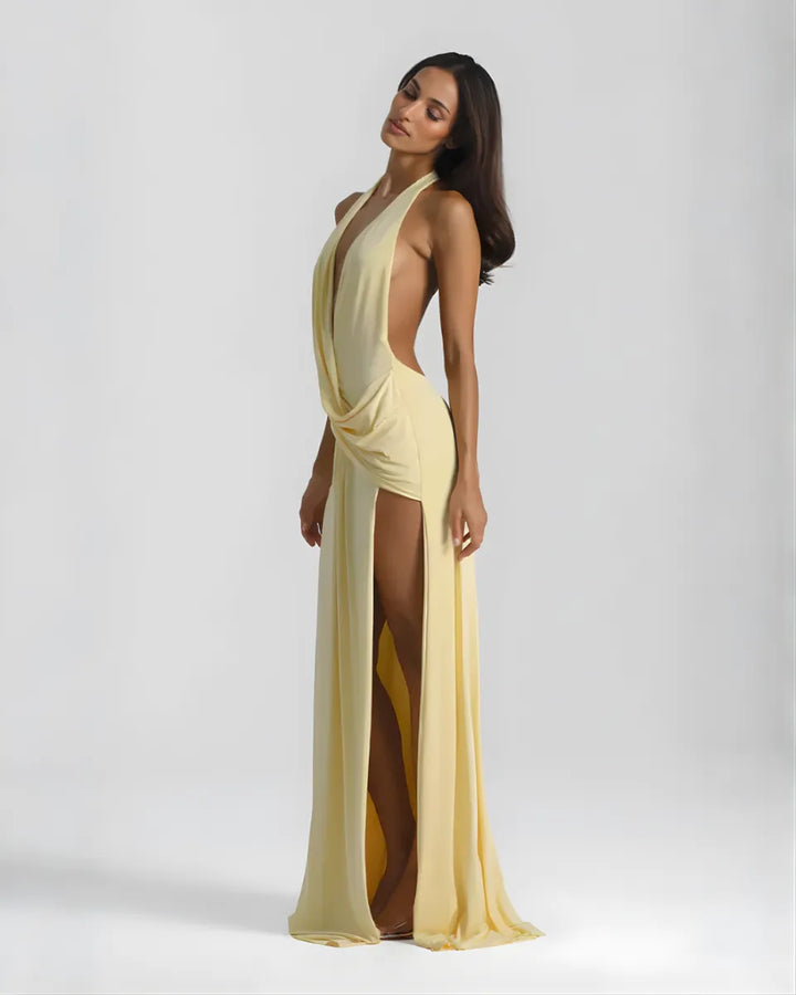 Women's V-Neck Flowy Back Maxi Wedding Guest Dress with Slit