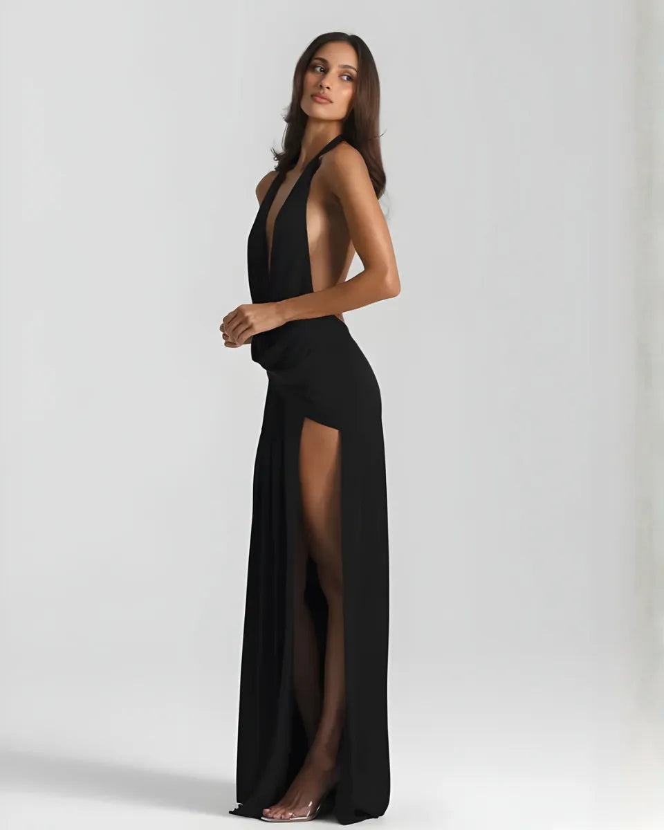 Women's V-Neck Flowy Back Maxi Wedding Guest Dress with Slit