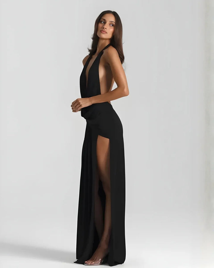 Women's V-Neck Flowy Back Maxi Wedding Guest Dress with Slit