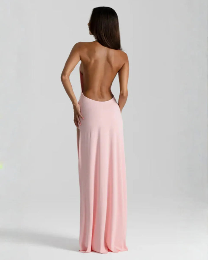 Women's V-Neck Flowy Back Maxi Wedding Guest Dress with Slit