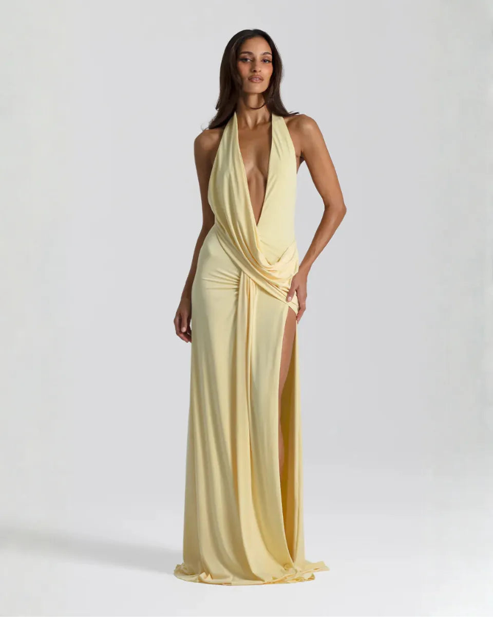 Women's V-Neck Flowy Back Maxi Wedding Guest Dress with Slit