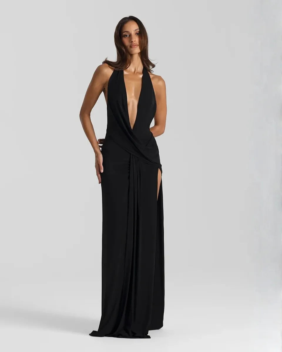 Women's V-Neck Flowy Back Maxi Wedding Guest Dress with Slit
