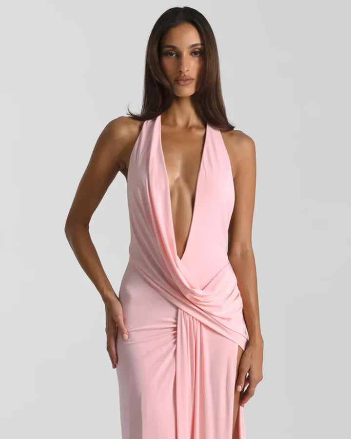 Women's V-Neck Flowy Back Maxi Wedding Guest Dress with Slit